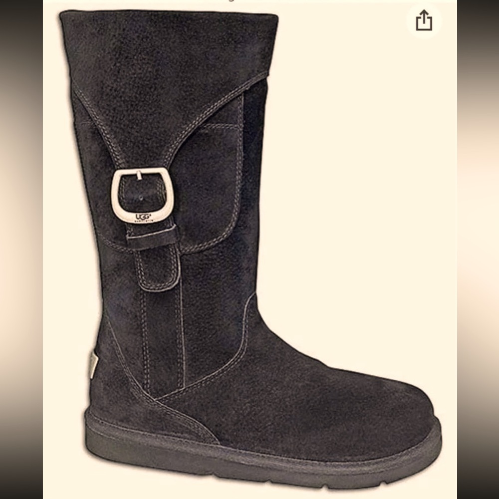 UGG tall black suede cargo pocket bronze buckle zip up boot genuine shearling